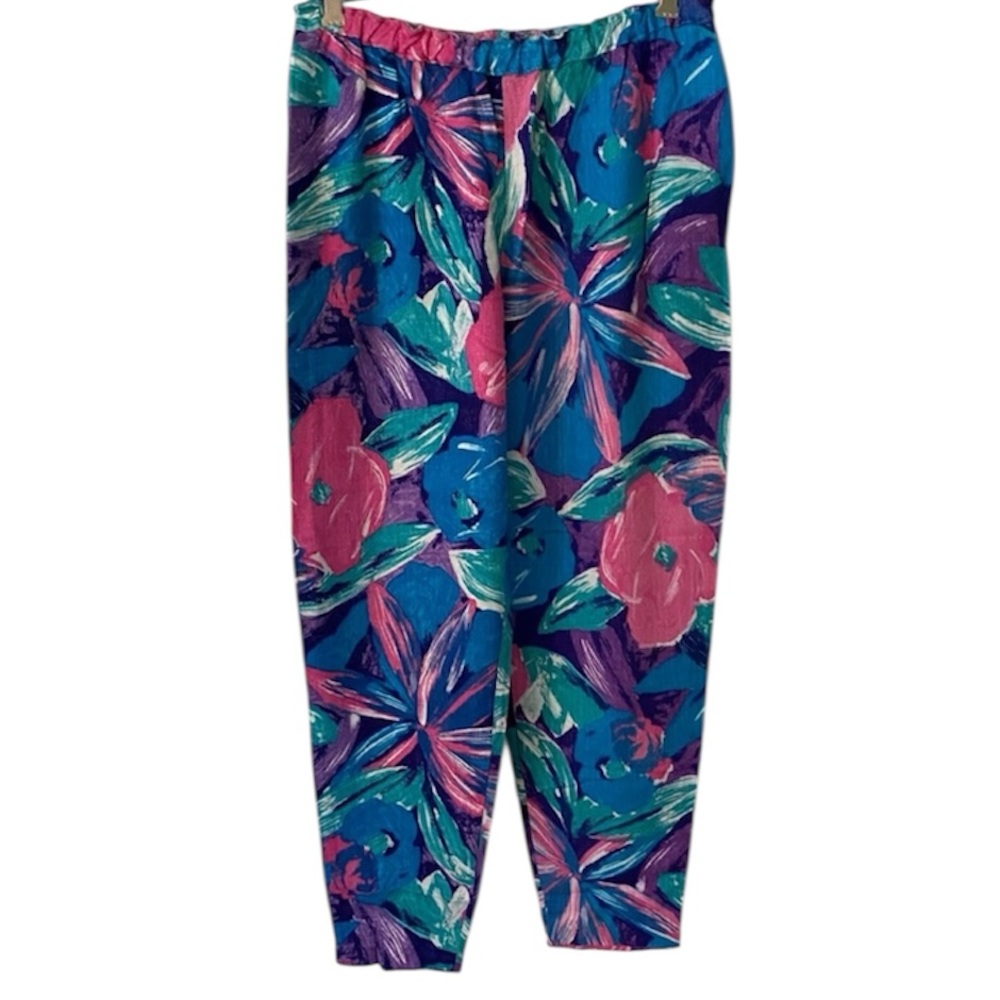 Vintage 80s Bright Colorful Floral Linen Pants Pink Purple Tropical Pull On